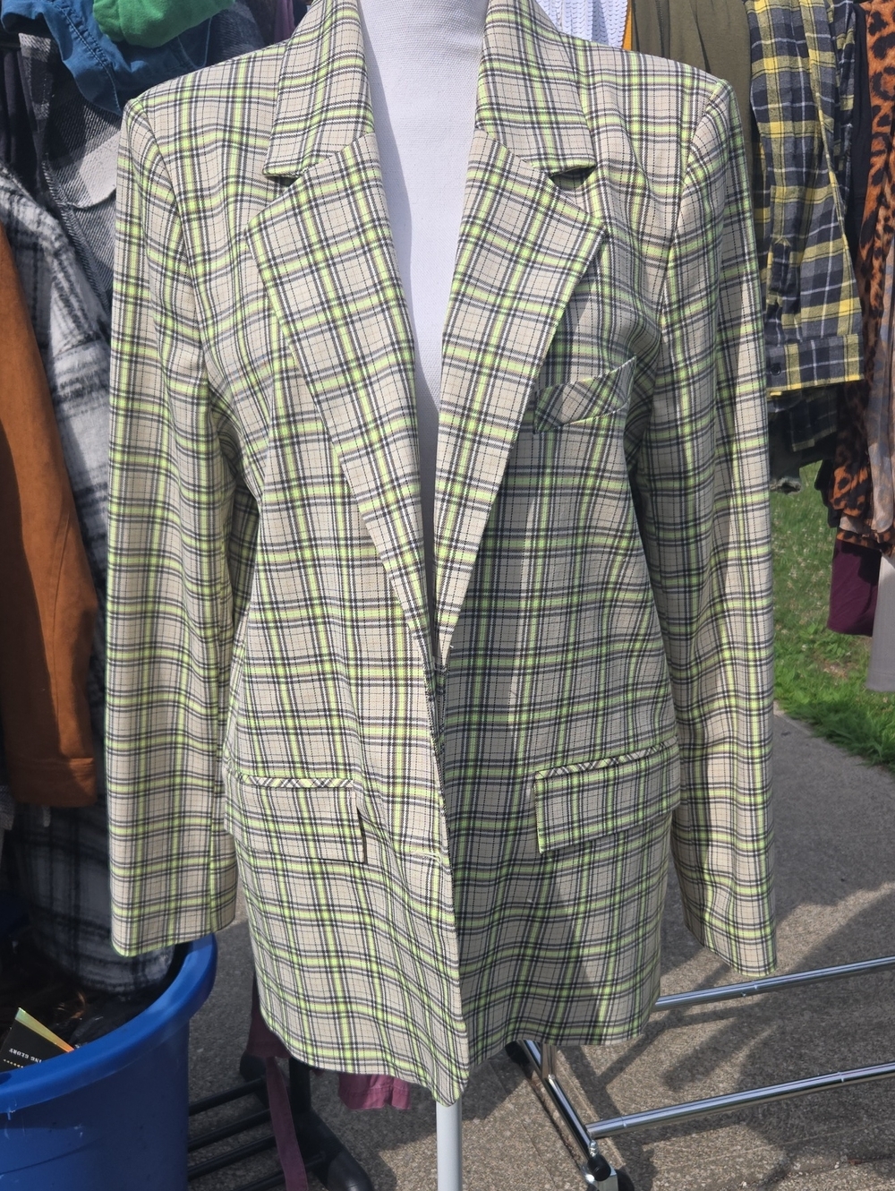 Top SHOP Plaid Single-Breasted Women's Blazer - Green/Black